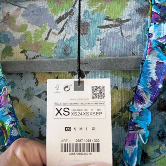 Zara Size XS Floral Print Sheer Faux Wrap Top Long Sleeves Ruffle Trim - Picture 5 of 7